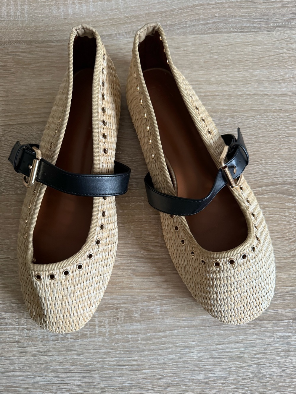 ASOS DESIGN Larson eyelet raffia mary jane ballets in natural weave Sz 6 - Picture 3 of 5